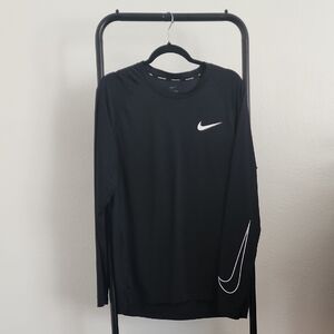 Nike Black Long Sleeve Top with White Swoosh. Dri-Fit. Slim-Fit.
